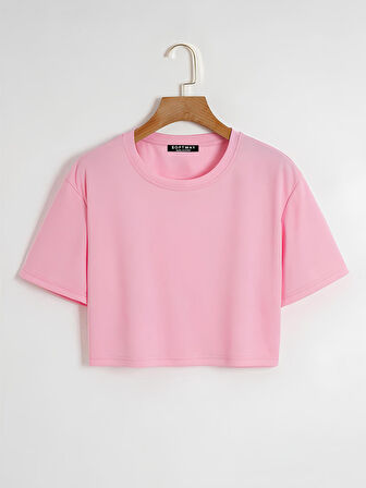 Kadın Oversize Bisiklet Yaka Düz Crop T-shirt - PEMBE