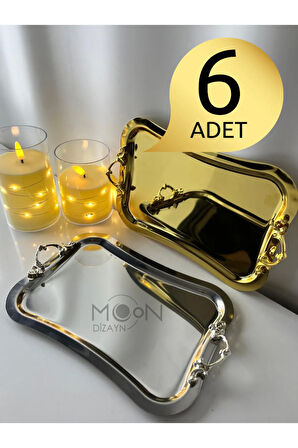 6 Kişilik 6lı Italyan Model Tasarım Gold Kulp Gold Kahve Sunum Tepsisi 16*23 Cm