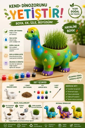 Boyanabilir Dinozor Çim Yetiştirme Seti – Çim Tohumu, 6’lı Akrilik Boya ve Fırça