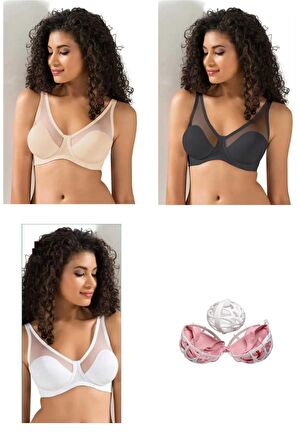 Kadın Toparlayıcı Tüllü İnce Soft Sütyen 3 Lü Paket+ Yıkama Topu