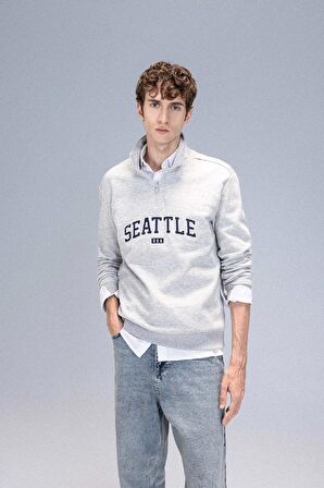 Relax Fit Fermuarlı Dik Yaka Baskılı Kalın Sweatshirt Kumaşı Sweatshirt