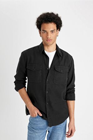 DeFacto Regular Fit Polo Yaka Basic Düz Pamuklu Uzun Kollu Gömlek B2654AX24AUAR221