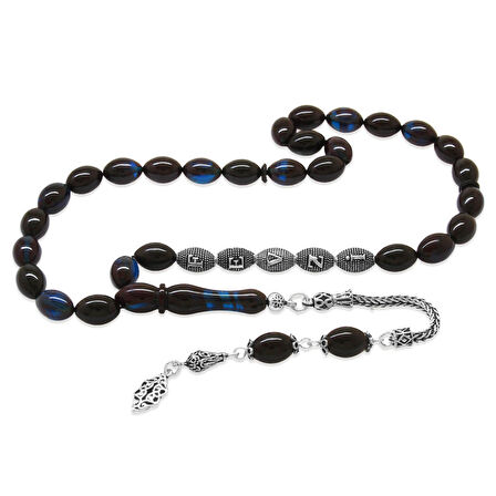 925 Ayar Gümüş Püsküllü Arpa Kesim Gümüş İsim Yazılı Mavi-Siyah Sıkma Kehribar Tesbih