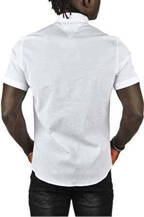 DeepSEA Erkek Beyaz Gofre Kumaş Hakim Yaka Slim Fit Likralı Çıtçıtlı Kısa Kollu Gömlek 2403018
