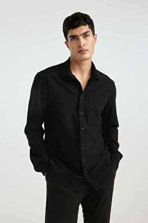 DeFacto Regular Fit Polo Yaka Krinkıl Basic Düz Uzun Kollu Siyah Gömlek B6484AX24SPBK27