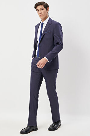 Erkek Lacivert Slim Fit Dar Kesim Kırlangıç Yaka Çizgili Yünlü Takım Elbise