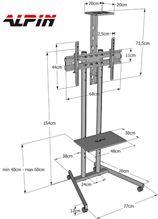 ALPIN TV/Fuar ve Toplantı Odası Standı Video Kamera Askı Aparatlı Metal Ayaklı TV Sehpası/Ünitesi 40” inç – 75” inç