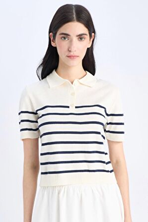 Regular Fit Polo Yaka Çizgili Kısa Kollu Triko Tişört	