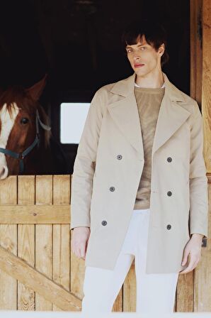 Slim Fit Dar Kesim Düğmeli Kemerli Trençkot