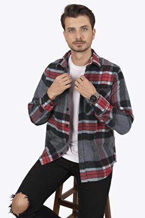 Dağ Grisi Kırmızı Çizgili Oversize Kalın Oduncu Gömlek