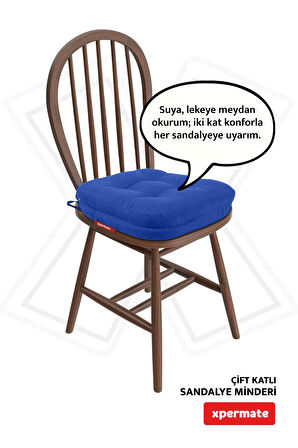 XPERMATE Çift Kat Sandalye Minderi Fermuarlı Yıkanabilir Kılıf Bağcıklı Su ve Yağ İtici 42x42x8 Mavi