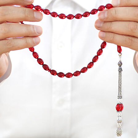 925 Ayar Gümüş Çift Püsküllü Arpa Kesim Bayrak Kırmızı Ateş Kehribar Tesbih