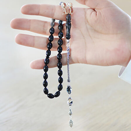 925 Ayar Gümüş Püsküllü Arpa Kesim Gümüş İsim Yazılı Süzme Beyaz-Siyah Ateş Kehribar Tesbih