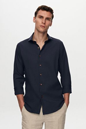 Ds Damat Slim Fit Lacivert İtalyan Yaka Armürlü Gömlek 2HF02ORT3185 2HF02ORT3185