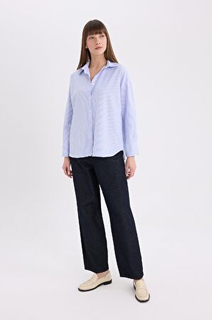 Oversize Geniş Kalıp Çizgili Oxford Uzun Kollu Gömlek