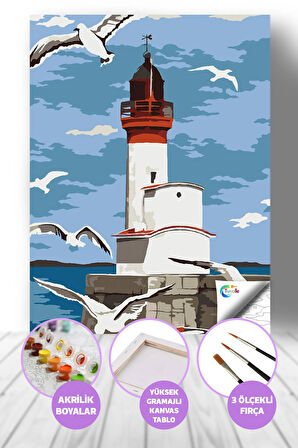 Deniz Feneri Sayılarla Boyama Seti, Hobi Seti, 40X50 Tablo, Fırça Boya, Numaralı Tuval