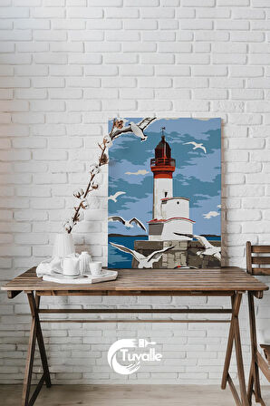 Deniz Feneri Sayılarla Boyama Seti, Hobi Seti, 40X50 Tablo, Fırça Boya, Numaralı Tuval