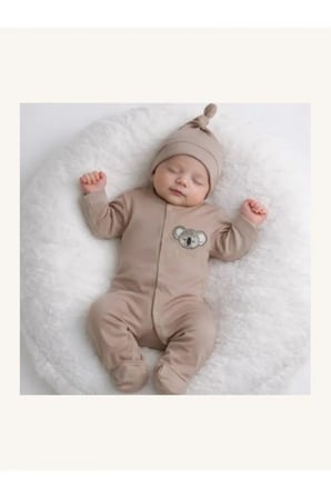 Unisex Bebek Tulum Koala Nakışlı Şapkalı — Açık Kahverengi