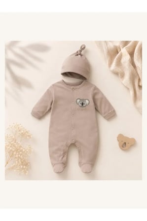 Unisex Bebek Tulum Koala Nakışlı Şapkalı — Açık Kahverengi
