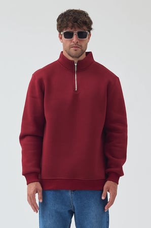 Lenithra Basic Oversize Siyah Unisex Yarım Fermuar Boğazlı Sweatshirt Bordo / M