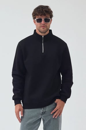 Lenithra Basic Oversize Siyah Unisex Yarım Fermuar Boğazlı Sweatshirt Siyah / 2XL
