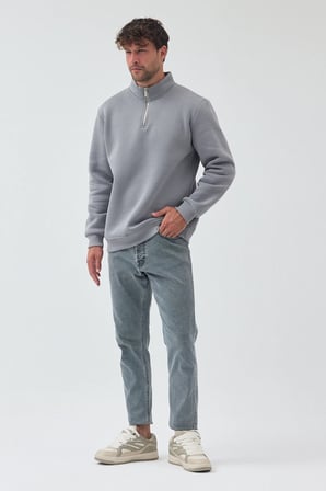 Lenithra Basic Oversize Siyah Unisex Yarım Fermuar Boğazlı Sweatshirt Gri / M