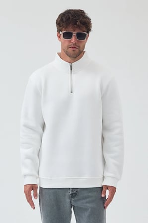 Lenithra Basic Oversize Siyah Unisex Yarım Fermuar Boğazlı Sweatshirt Beyaz / S