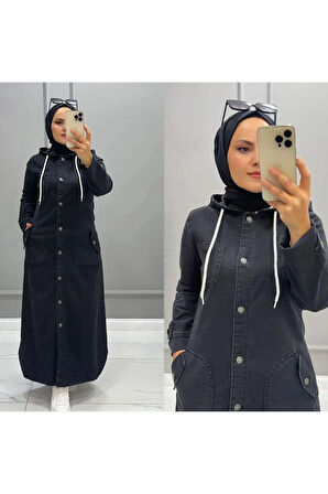 Kadın Kapüşonlu Düğmeli Denim Kot Kap