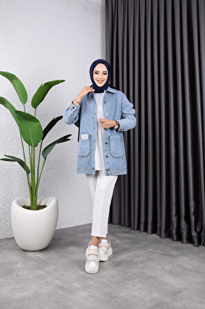 Kadın Cepli Düğmeli Kot Ceket