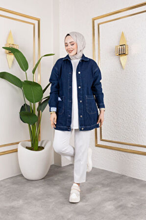 Kadın Cepli Düğmeli Kot Ceket