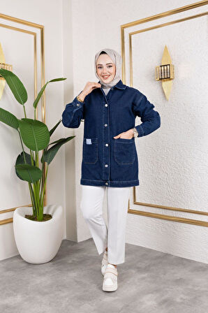 Kadın Cepli Düğmeli Kot Ceket