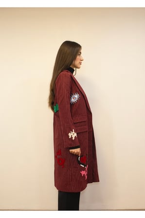 Kadın Bordo Nakış Detaylı Tasarım Kaban New-001
