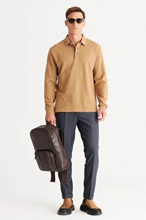 Erkek Camel Slim Fit Dar Kesim Polo Yaka %100 Pamuk Petekli Tişört