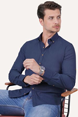 İndigo Yaka Düğmeli Keten Slimfit Gömlek