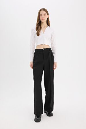 DeFacto Klasik Pantolon Wide Leg Geniş Bol Paça Fleto Cepli Yüksek Bel Standart Boy Basic Düz D8150AX24AUBK81