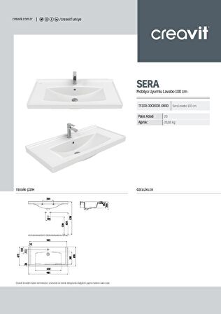 Creavit Sera 49x100 cm Etajerli Mobilya Dolap Uyumlu Lavabo TF200