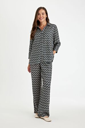DeFacto Rahat Pantolon Wide Leg Geniş Bol Paça Desenli Yüksek Bel C4042AX24AUNV30