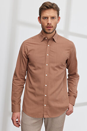 Comfort Fit Rahat Kesim Gizli Düğme Yaka %100 Pamuk Flamlı Gömlek