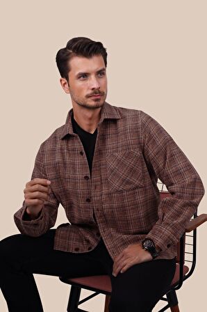 Kiremit Hasır Desenli Oversize Erkek Gömlek