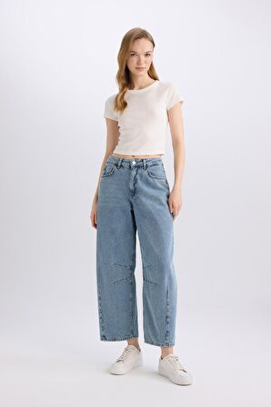 Baggy Fit Yüksek Bel Uzun Jean Yıkamalı Pantolon