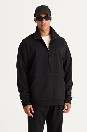 Erkek Siyah Oversize Bol Kesim Içi Polarlı Iplik Bato Yaka Pamuklu Sweatshirt