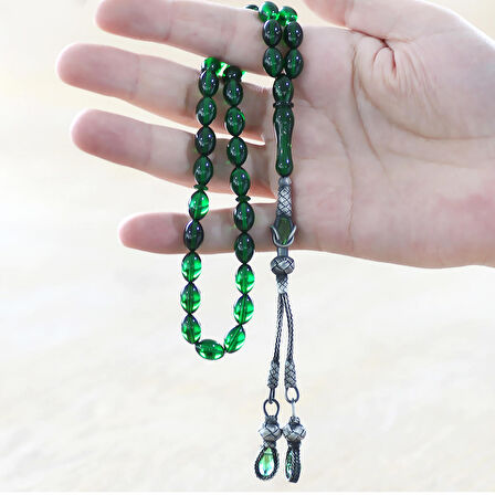  1000 Ayar Gümüş Kazaz Püsküllü Arpa Kesim Zümrüt Yeşil Ateş Kehribar Tesbih 