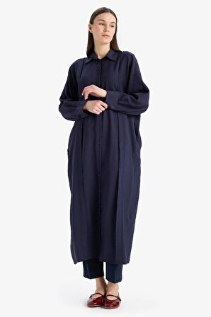 DeFacto Relax Fit Gömlek Yaka Cepli Basic Düz Uzun Kollu Maxi Elbise E4360AX25SPNV243
