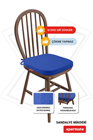 XPERMATE StandartFit Oval Sandalye Minderi Fermuarlı Yıkanabilir Kılıf Bağcıklı Su ve Yağ İtici 42x42x5 Mavi