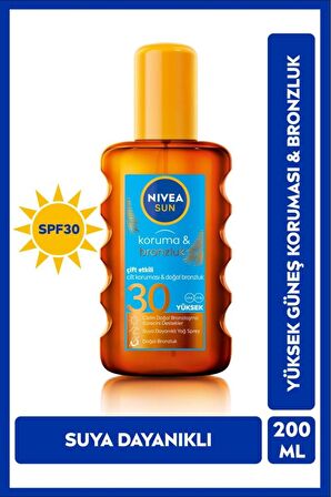 Nivea Sun Çift Etkili Koruma ve Bronzluk Güneş Spreyi 200ml, SPF30, Doğal Bronzluk, Suya Dayanıklı