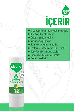 Siveno %100 Doğal Dudak Koruyucu Nane & Limon Bitkisel Lipbalm Krem Nemlendirici Parlatıcı Onarıcı 6 G