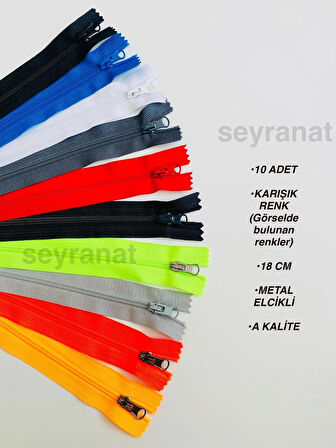 10 Adet Karışık Renk Kaliteli Metal Elcikli 18 cm Pantolon Çanta Cüzdan Cep Fermuarı