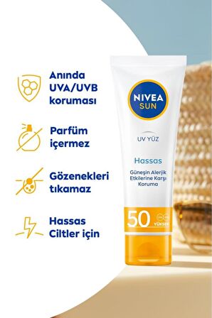 Nivea SUN Hassas Yüz Güneş Kremi 50ml, Hassas ve Alerjik Ciltler, SPF50 Yüksek Koruma, UVA UVB Koruması