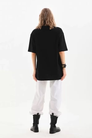 Unisex Bisiklet Yaka / Düz Oversize T-Shirt - Siyah