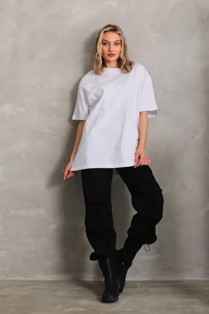 Unisex Bisiklet Yaka / Düz Oversize T-Shirt - Beyaz